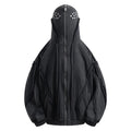 Black loose zip hooded coat with abstract pattern, cotton fabric, and padding, shown in sizes M, L, XL for autumn wear