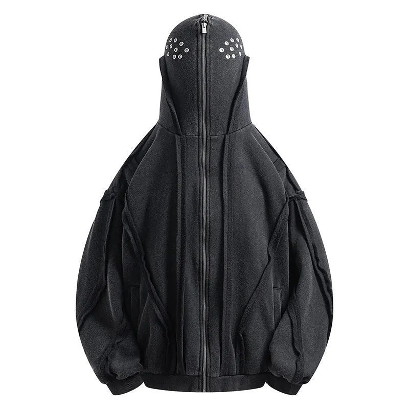 Black loose zip hooded coat with abstract pattern, cotton fabric, and padding, shown in sizes M, L, XL for autumn wear