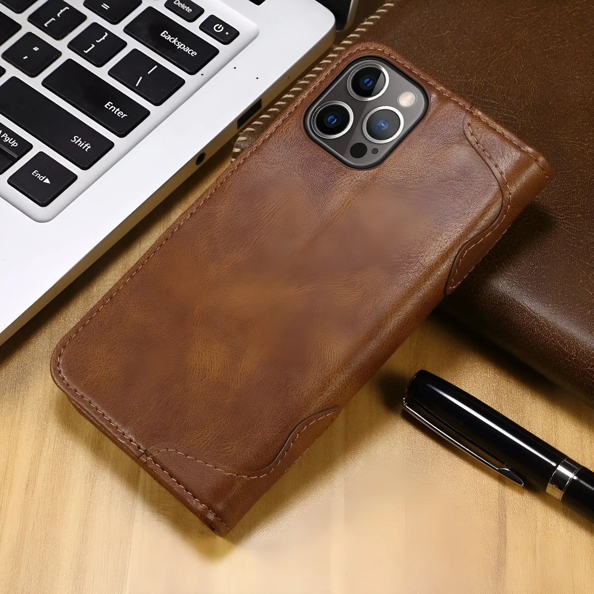 PU flip wallet phone case in black, brown, red, or blue for iPhone 13 and iPhone 12 models
