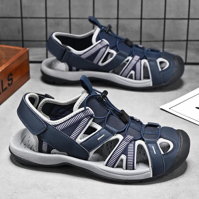 Men's casual sports shoes with mesh upper, rubber sole and velcro fastening in LX01 Blue and Black colours