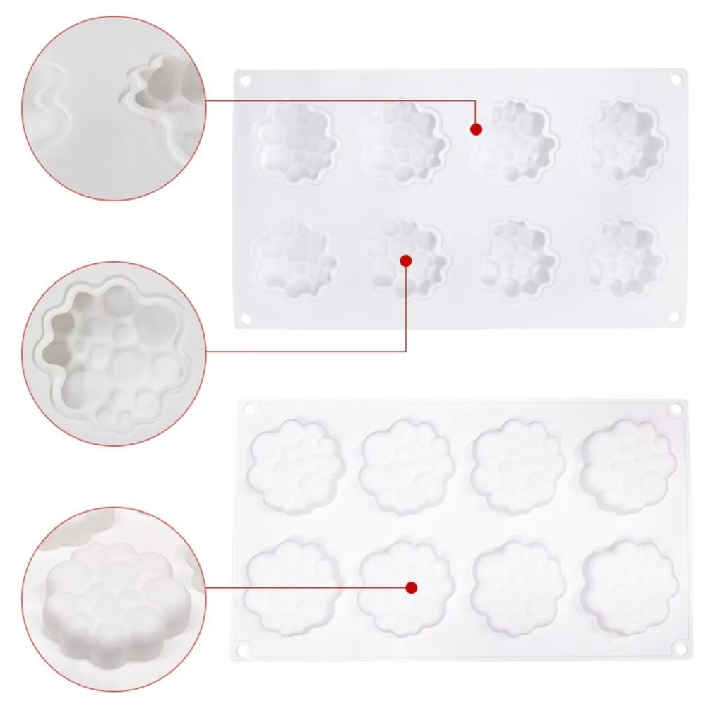 Round silicone cake mould with 8 bubble tower pattern design on a kitchen worktop.