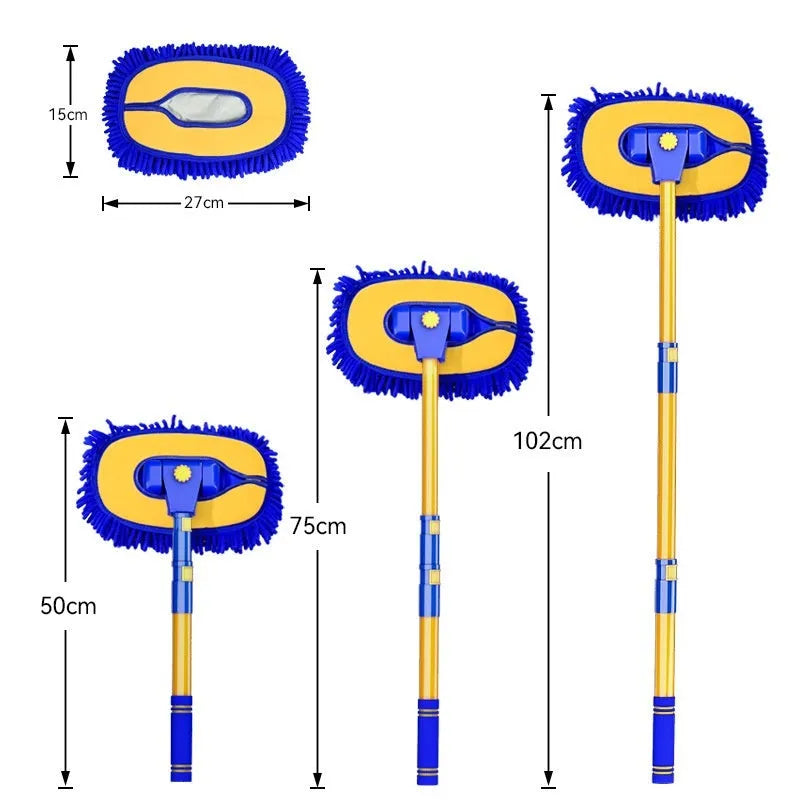 Telescopic curved aluminium car cleaning brush with chenille head in yellow or blue colour options