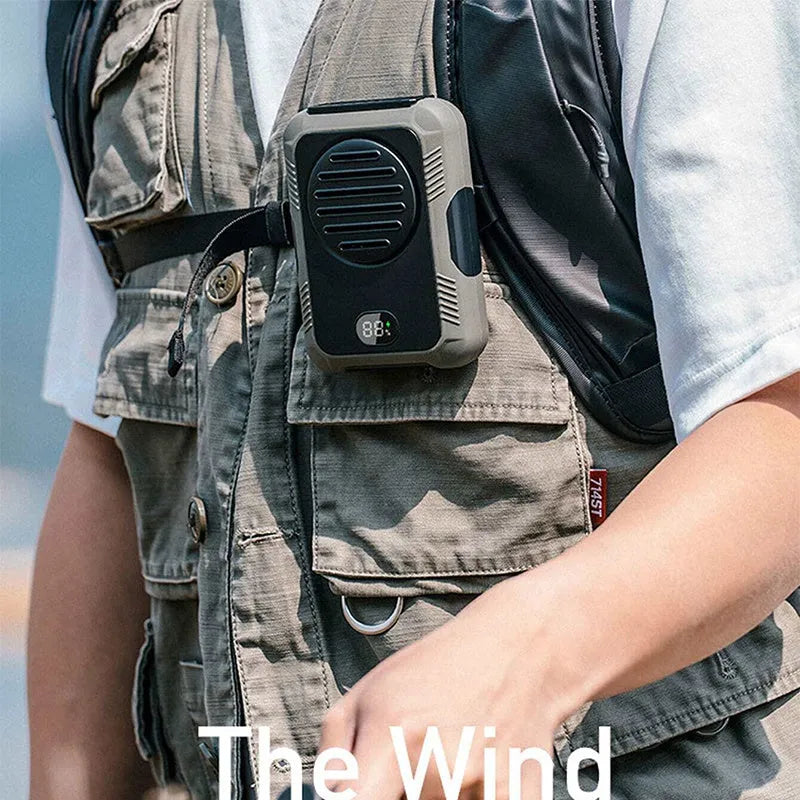 Green portable waist hanging fan with leafless design showing USB charging port and neck strap