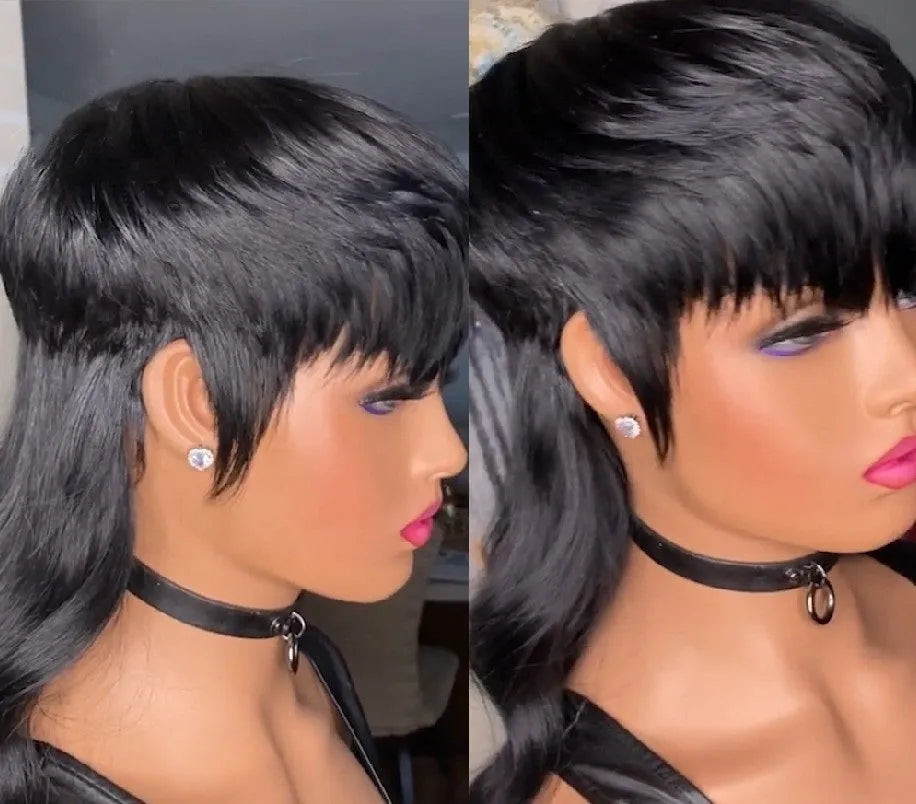 Black Brazilian wig with bangs, short at the front and long at the back.