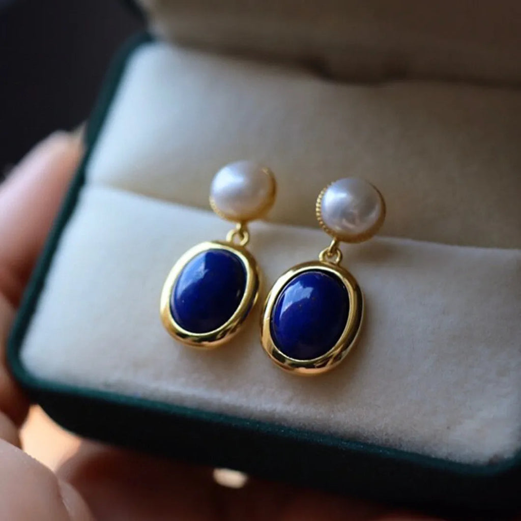 Natural lapis lazuli pearl earrings with 925 silver setting and auspicious pattern detailing