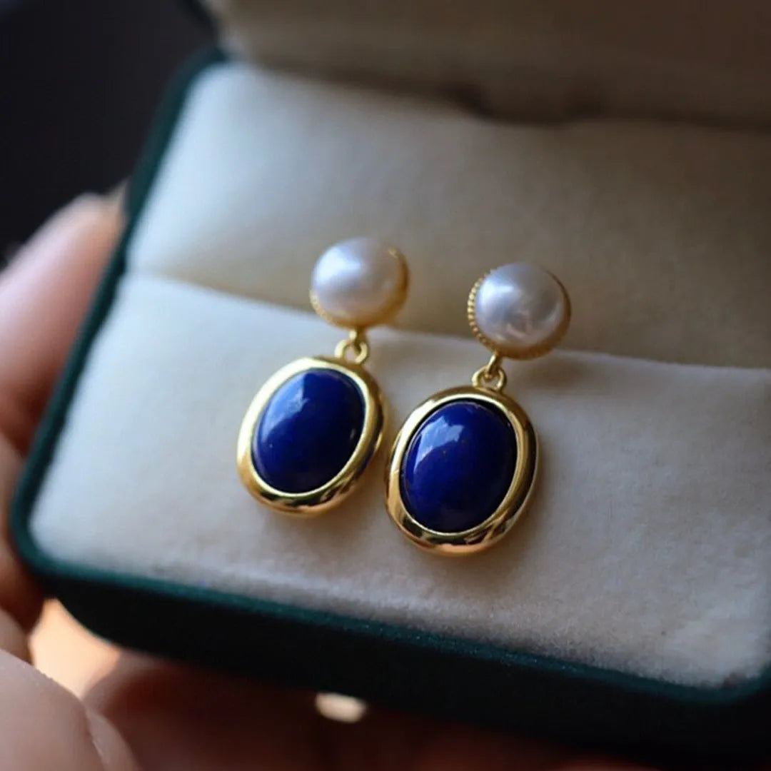 Natural lapis lazuli pearl earrings with 925 silver setting and auspicious pattern detailing