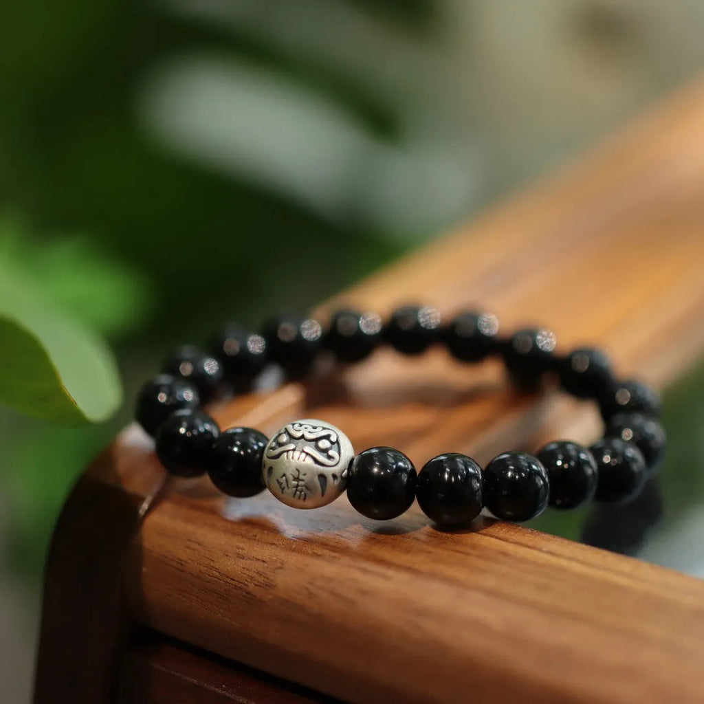 Black agate bracelet with 10mm beads and sterling silver clasp, Chinese-style handcrafted jewellery