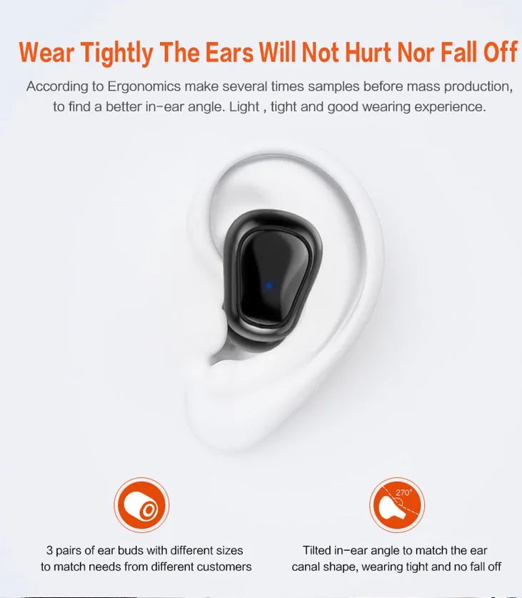 Black wireless TWS in-ear sports headphones with a compact rectangular charging case on a white background.