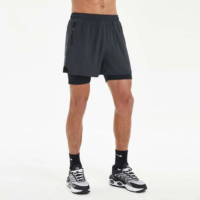 Men's black double-layer sports shorts with elastic waistband for running and fitness training.