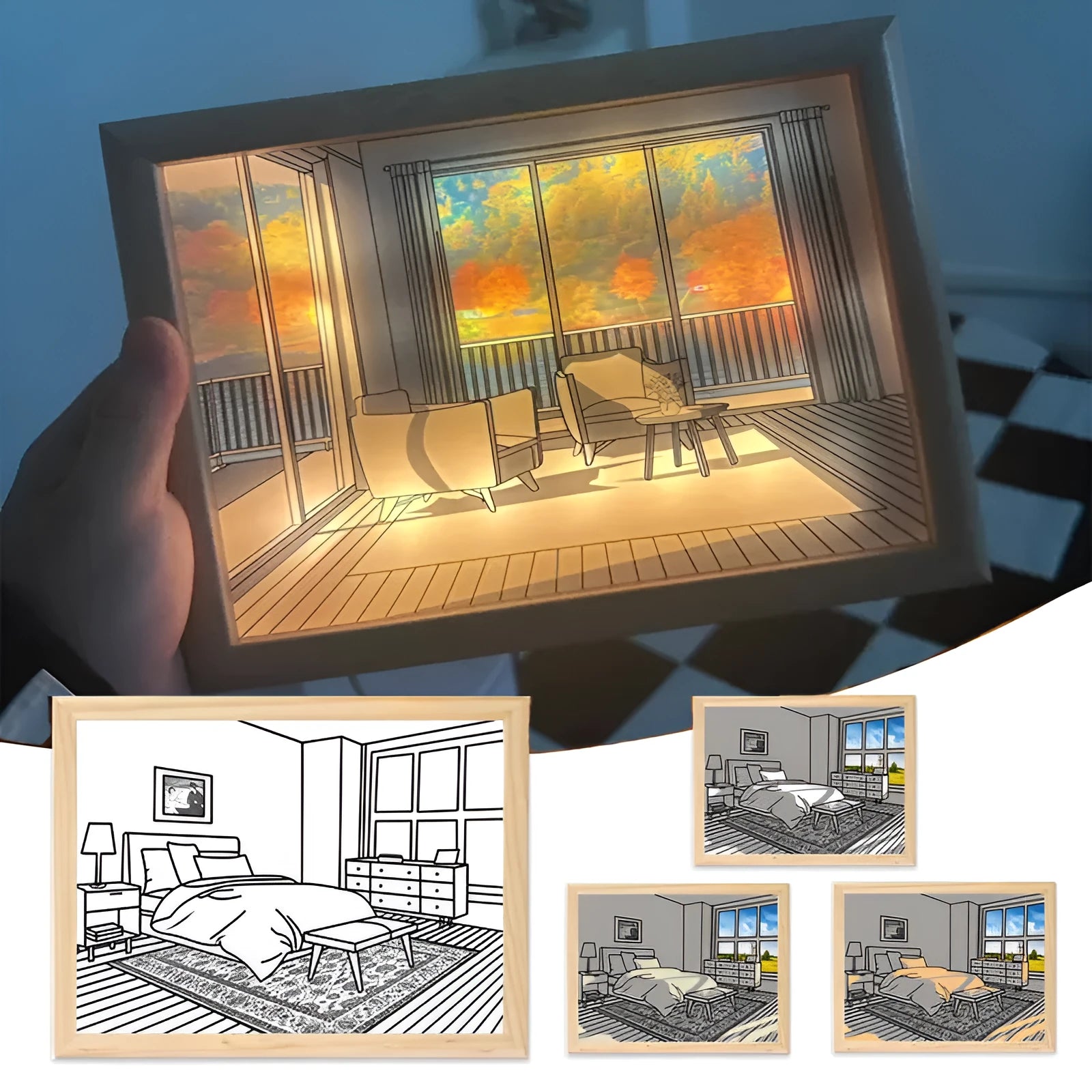 LED illuminated decorative light painting with USB power cable and button switch