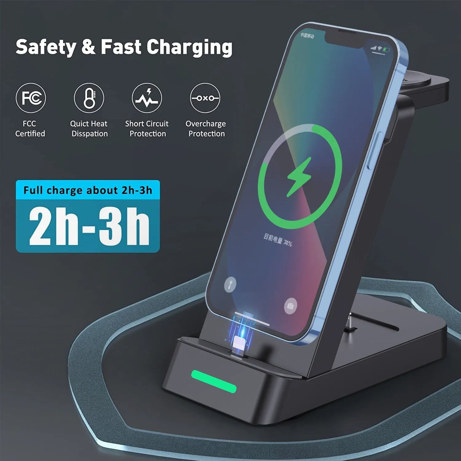 Black wireless charging station with phone, AirPods, and iWatch charging simultaneously on angled stand
