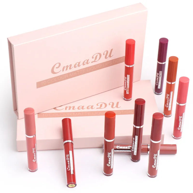 Ten matte lipsticks in packaging with waterproof non-transfer formula