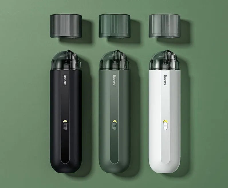 BASEUS handheld car vacuum cleaner in black, white, or green with blowing hose and HEPA filter