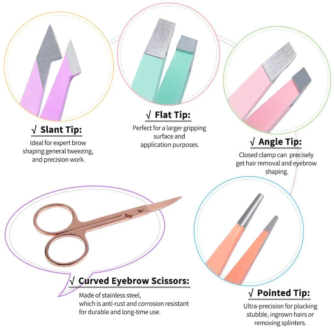 Professional stainless steel eyebrow tweezers set with curved scissors and leather case