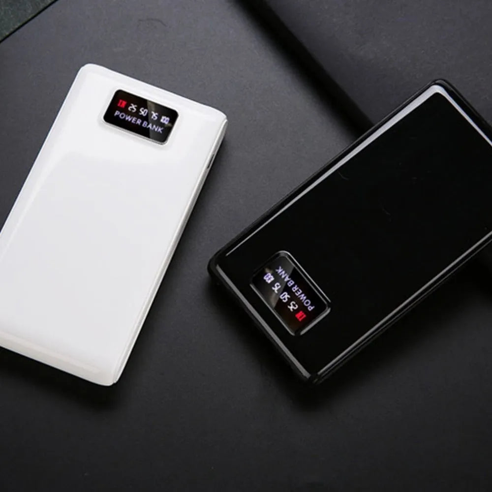 Black and white 18650 DIY charging bank case showing dual input ports and battery compartments
