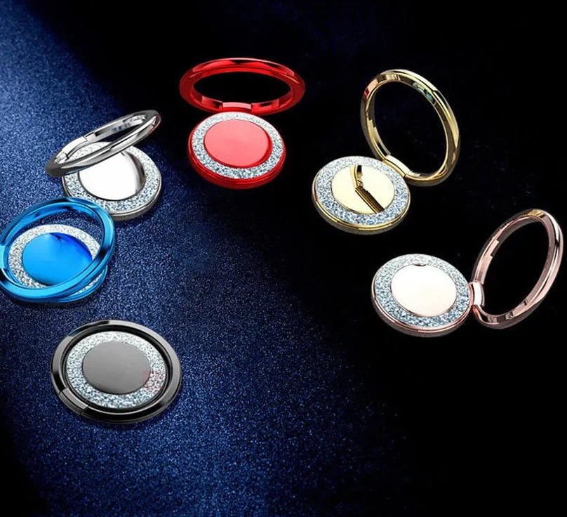Bling glitter metal phone ring holder showing 360° rotation on smartphone back