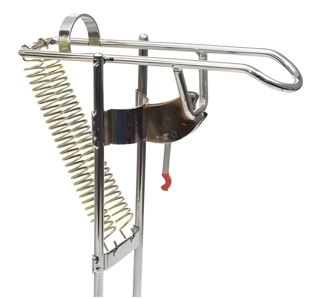 Automatic fishing rod holder in high-strength hard steel with bearing trigger and elastic feet for big and small fish.