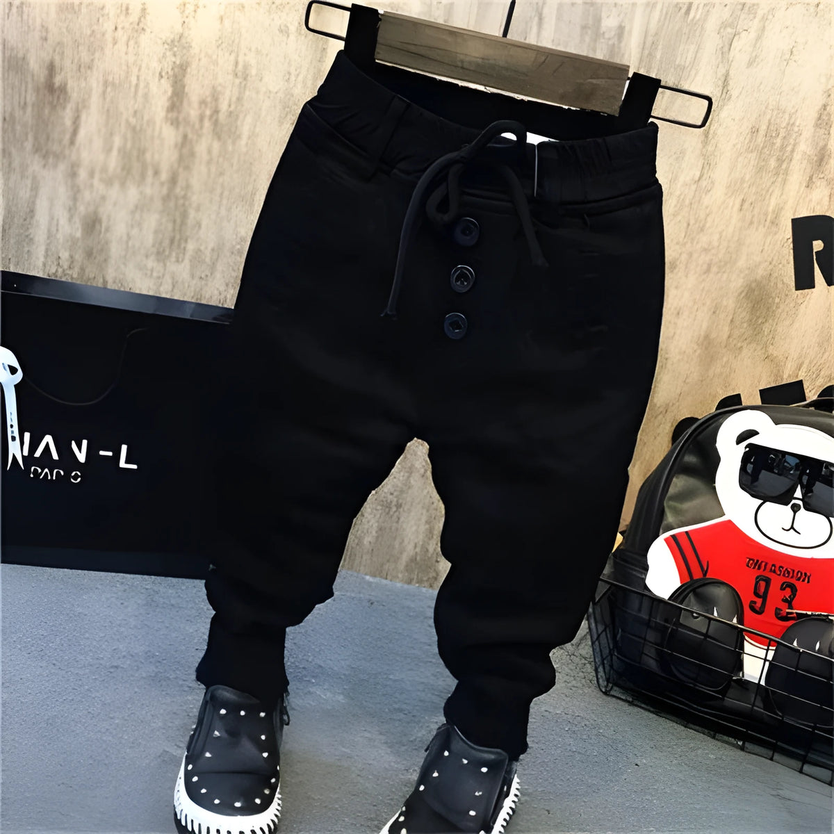 Boys' black fleece-lined winter jeans in cotton denim, straight-leg trousers, sizes 90cm to 130cm