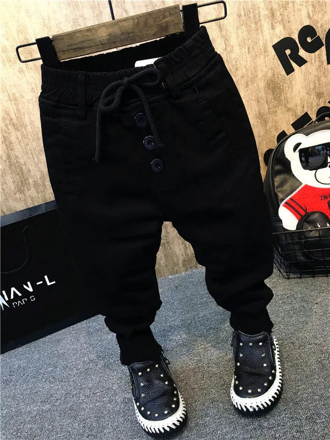 Boys' black fleece-lined winter jeans in cotton denim, straight-leg trousers, sizes 90cm to 130cm
