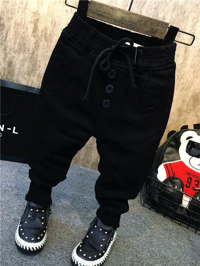 Boys' black fleece-lined winter jeans in cotton denim, straight-leg trousers, sizes 90cm to 130cm