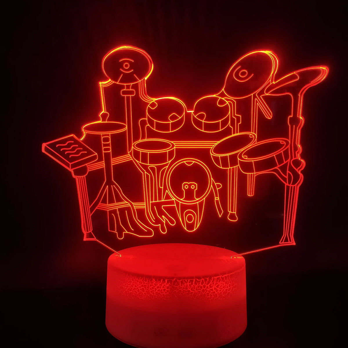 3D acrylic drum kit night light with colour-changing LEDs on a black ABS base.