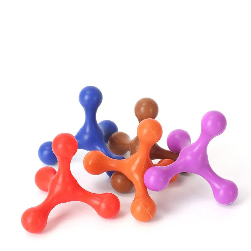 Blue three-legged silicone teething toy for puppies measuring 9.5cm with beef flavour coating