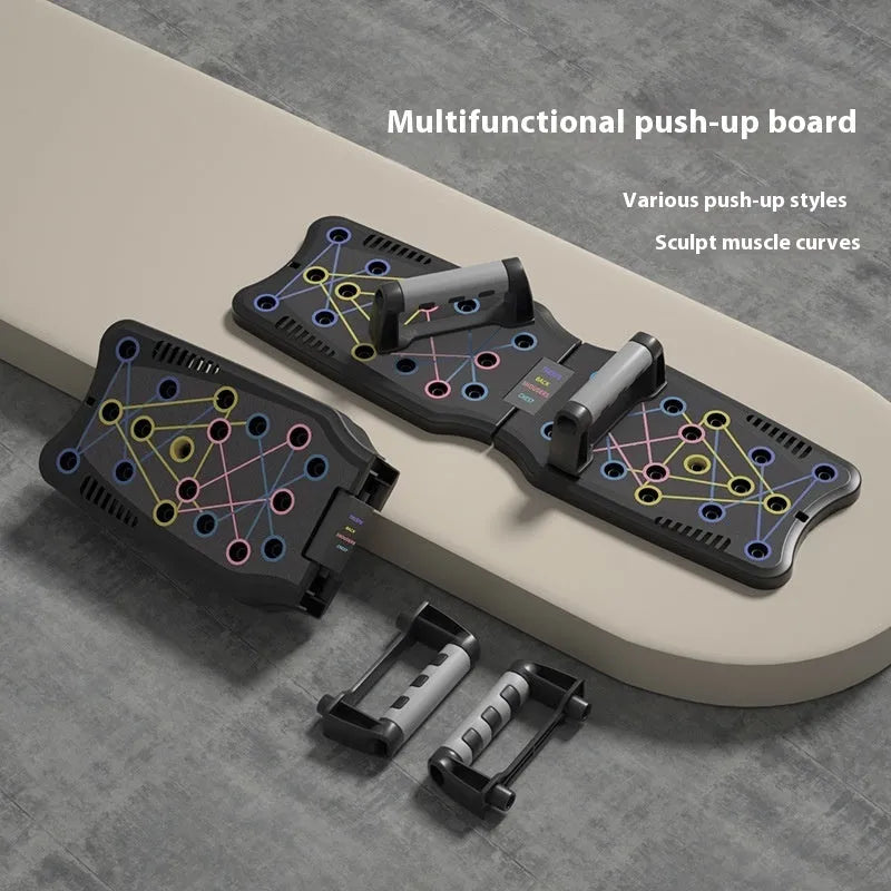 Flat ABS plastic push up support plate fitness equipment on a floor, shown in one of four available colour options.