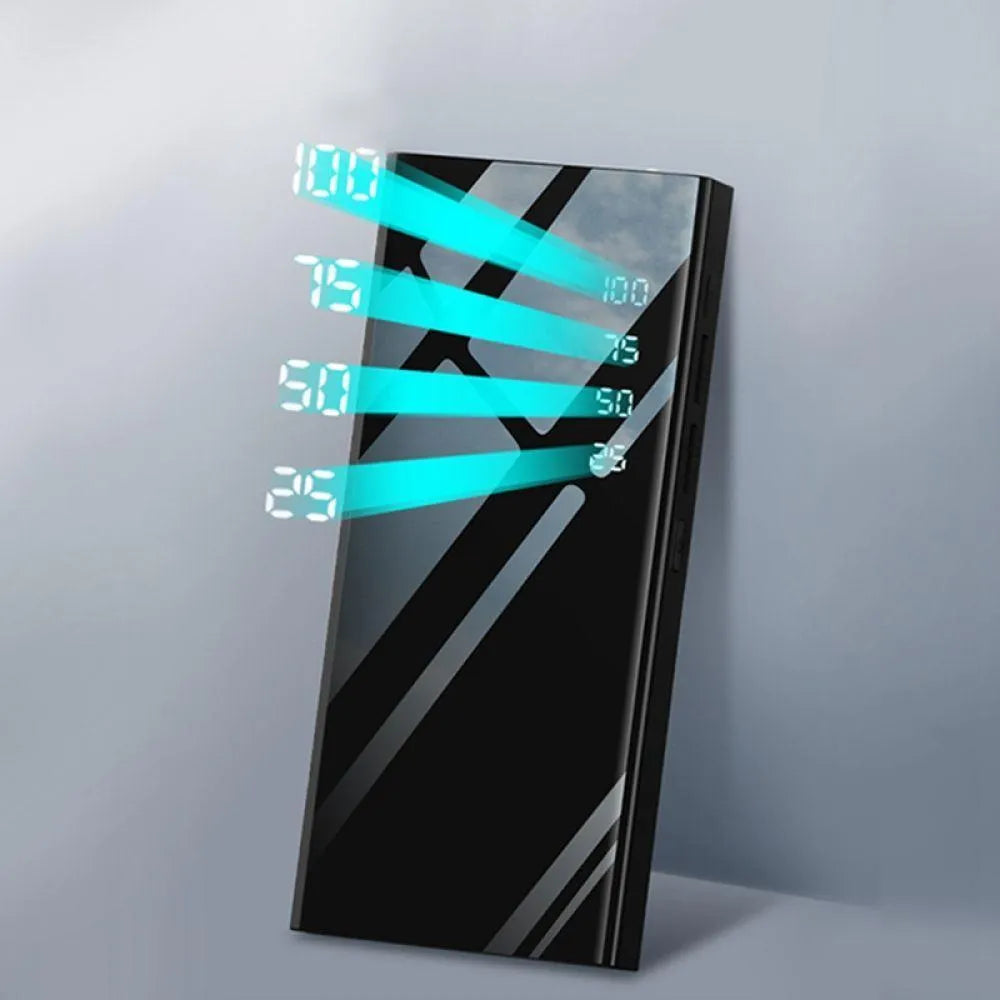 Black 20000mAh power bank with LCD display showing battery percentage, dual USB ports, and compact rectangular design