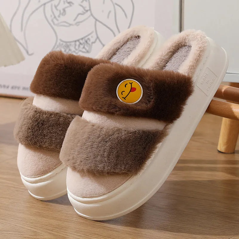 Thermal cotton slippers with cashmere lining in pink-green colour, showing plush exterior and non-slip sole