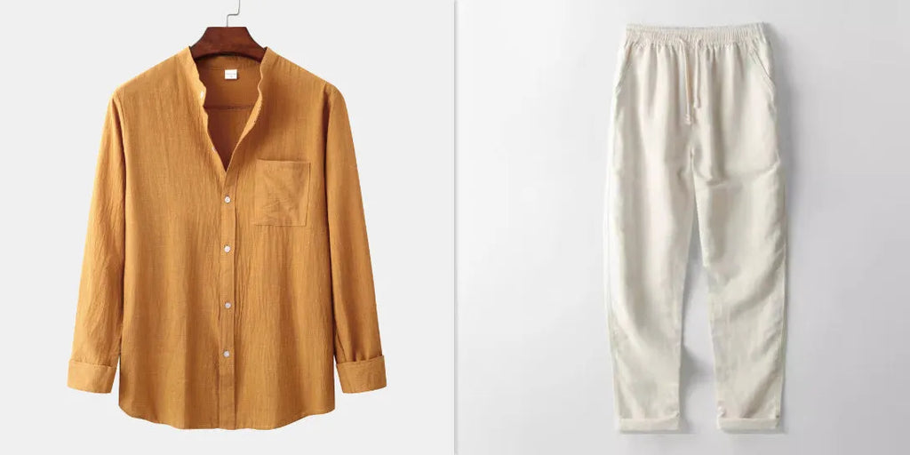 Men's slim fit brown long sleeve shirt and casual pants on a hanger