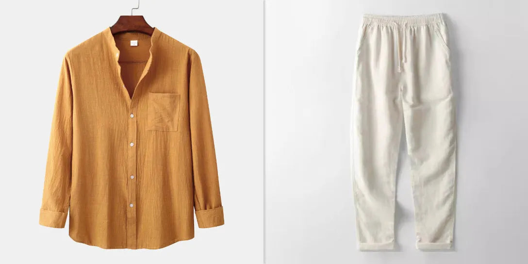 Men's slim fit brown long sleeve shirt and casual pants on a hanger