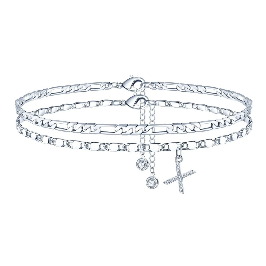 Silver colour copper anklet with double circle beads and alphabet letter charm