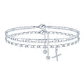 Silver colour copper anklet with double circle beads and alphabet letter charm