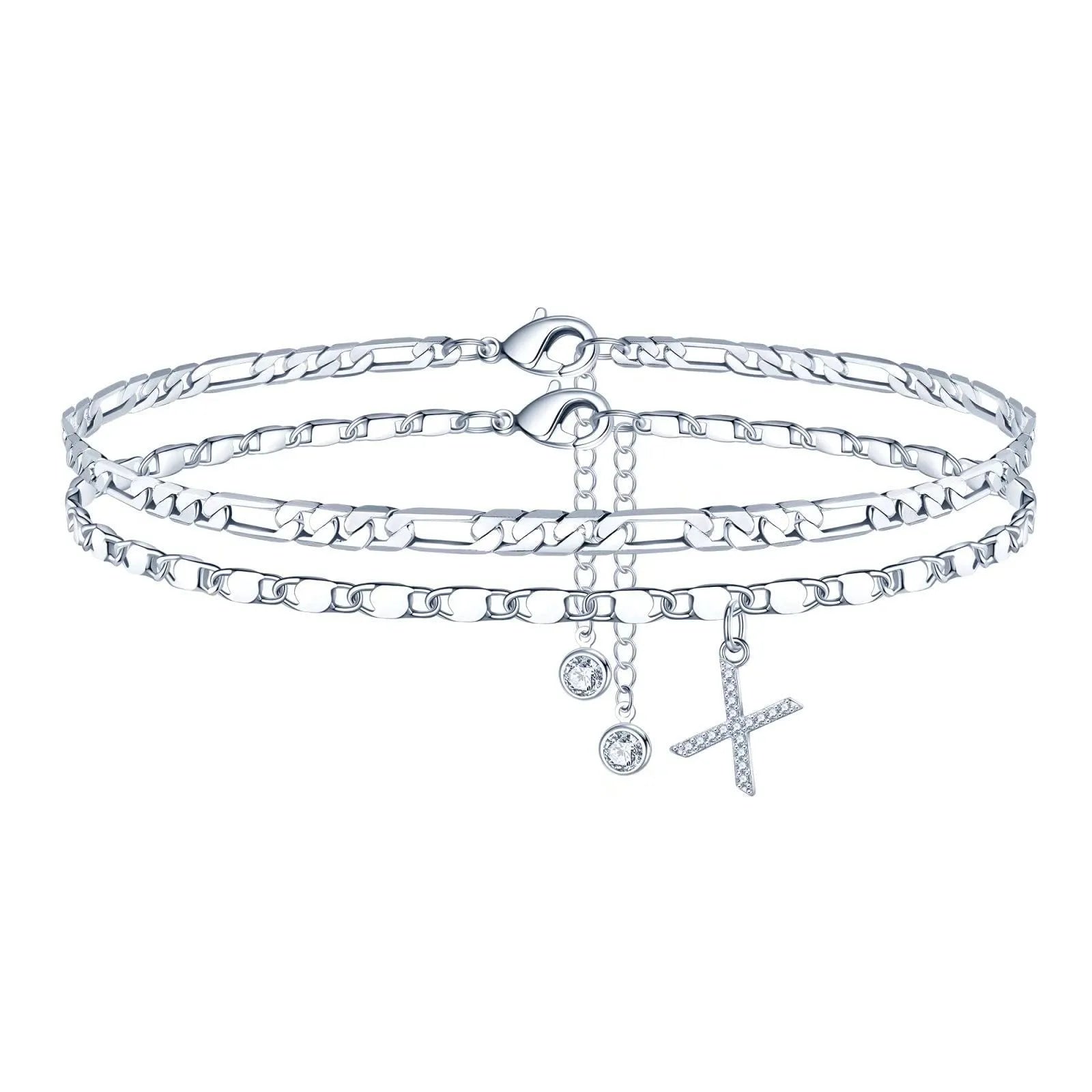 Silver colour copper anklet with double circle beads and alphabet letter charm