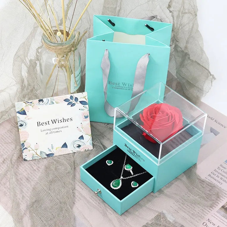 Acrylic jewellery gift box with removable flannel insert, shown in multiple colour options.