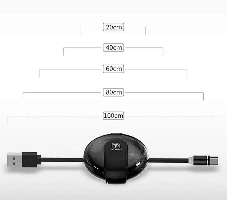Black 3-in-1 magnetic retractable car phone charger with triple plugs and 1 metre cable