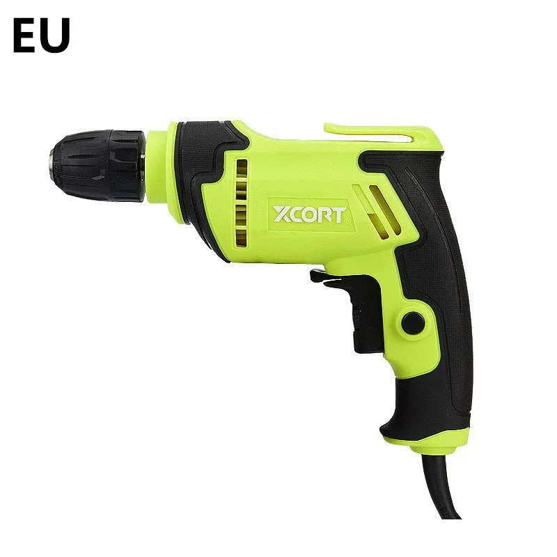 Pistol grip electric drill with 450W motor, 10mm chuck, and dimensions 24x24x7cm for drilling wood, aluminium, and steel