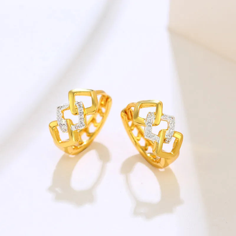 Geometric hollow-out gold electroplated alloy earrings with ear clip fastening, lightweight 2.5g design