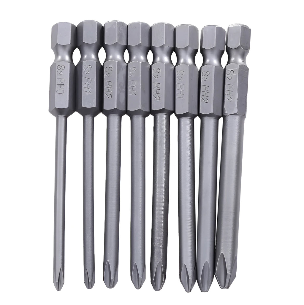 Set of eight 75mm long magnetic cross head screwdriver bits with hex shanks
