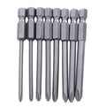 Set of eight 75mm long magnetic cross head screwdriver bits with hex shanks