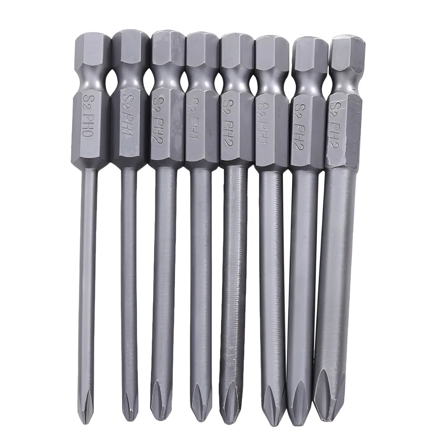 Set of eight 75mm long magnetic cross head screwdriver bits with hex shanks