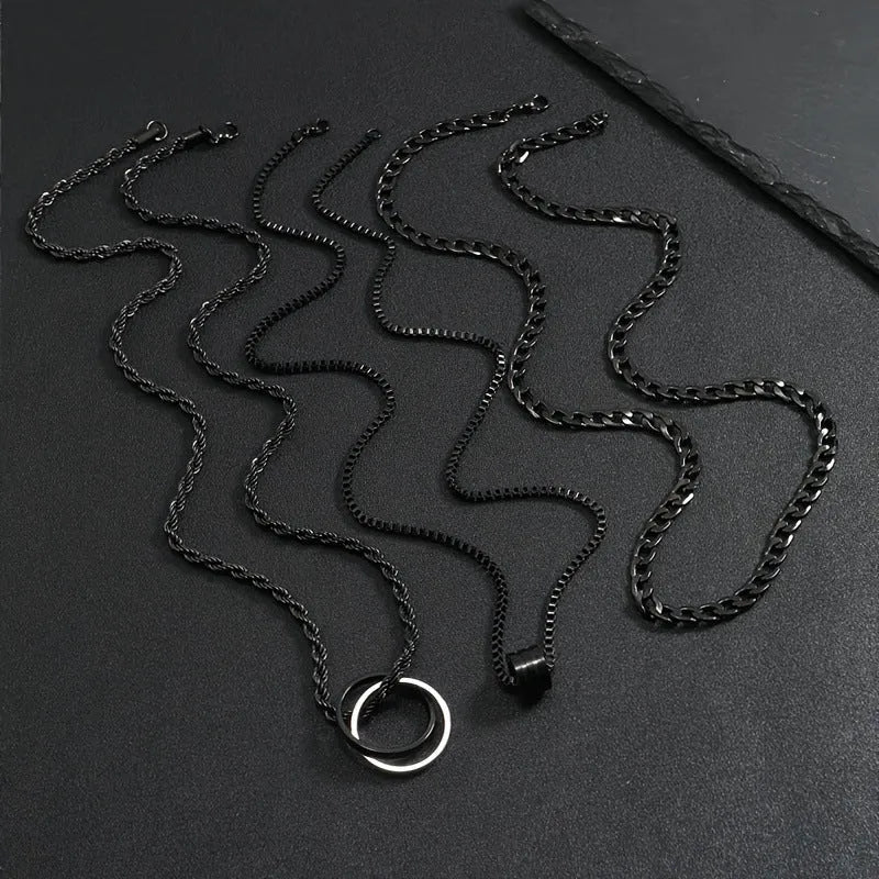 Black three-piece stainless steel men's necklace set with titanium steel cylindrical ring pendant
