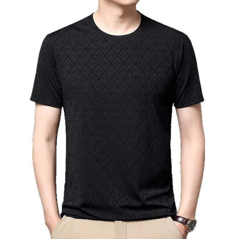 Men's round neck loose-fit jacquard short sleeve shirt in ice silk fabric