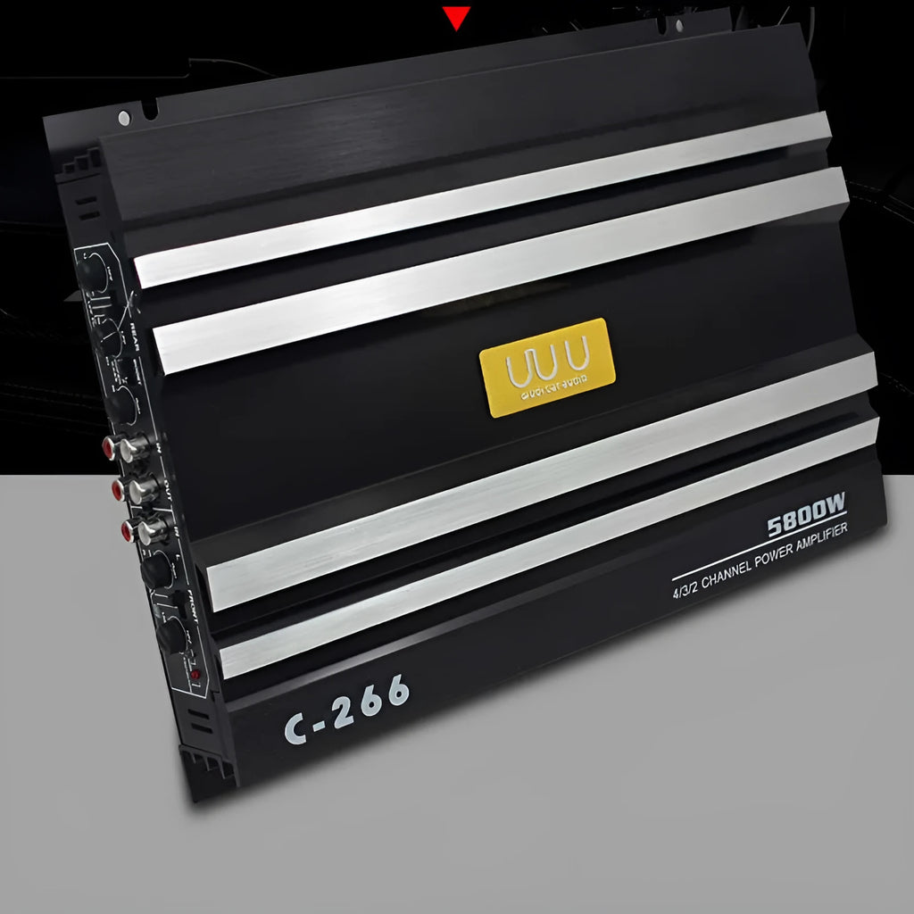 4 channel 12V car audio power amplifier board in black aluminium alloy, 32cm x 26cm x 4cm, for 4 speakers or 2 speakers and 1 subwoofer