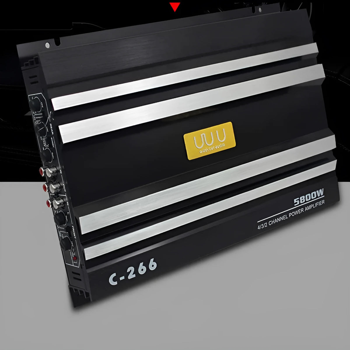 4 channel 12V car audio power amplifier board in black aluminium alloy, 32cm x 26cm x 4cm, for 4 speakers or 2 speakers and 1 subwoofer