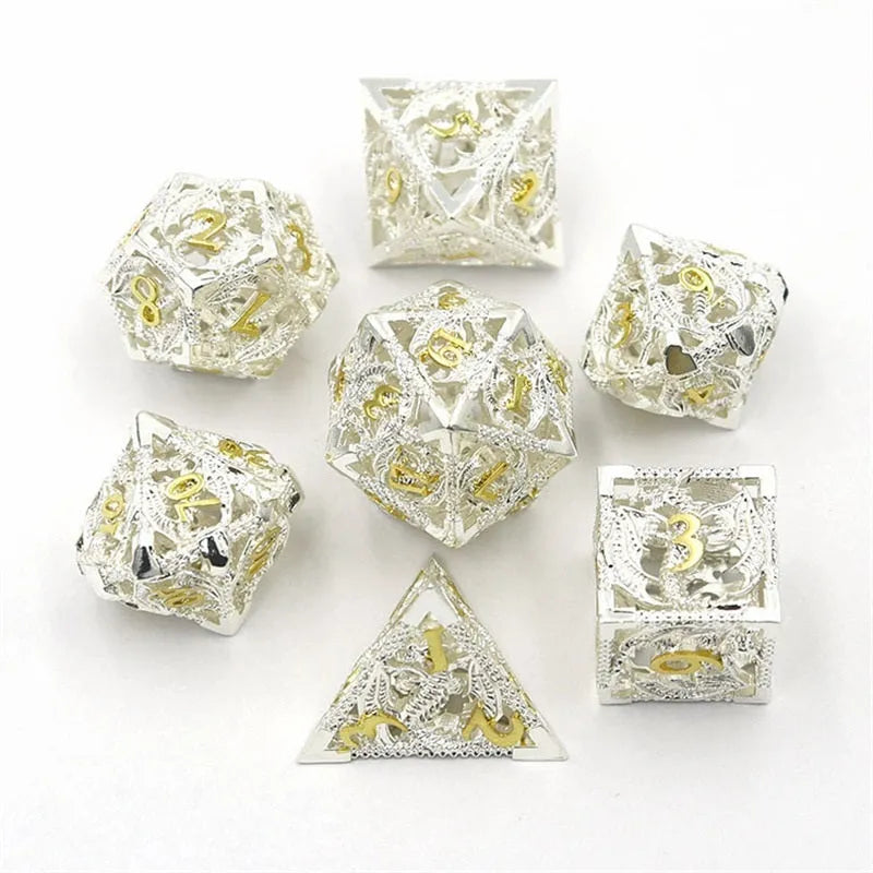 Seven-piece hollow pure copper electroplated dice set for DND and tabletop games in multi-colour options