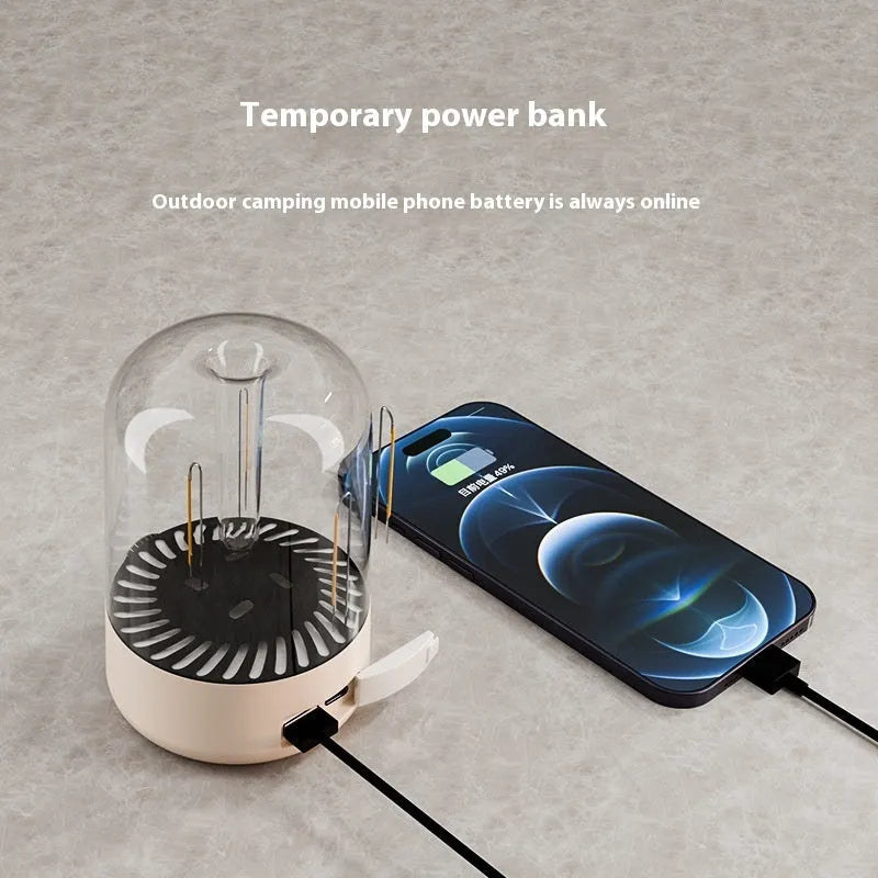 Beige and black multifunctional camping ambience light with an analog brightness knob and USB port.