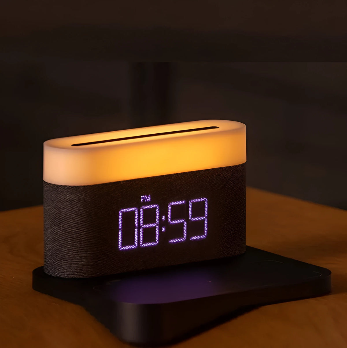 White wireless charging table lamp with digital clock display and bedside lighting functions
