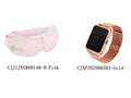 White smart watch connected to a suede cloth eye massager mask with USB cable.