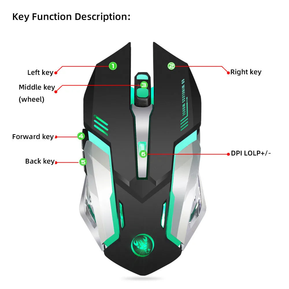 HXSJ black wireless mouse, 2.4G optical gaming mouse with 2400 DPI and ergonomic design